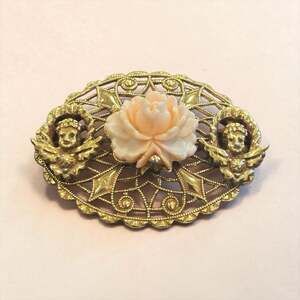 Peach Rose Cherub Brooch Romantic Gold Filigree Victorian Style 1928 Jewelry